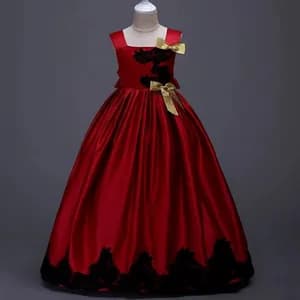 Gold Glitter Bowknot Design Lace Decor Sleeveless Princess Costume Party Dress
