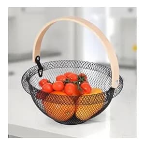 Round Mesh Fruit Basket Wooden Handle