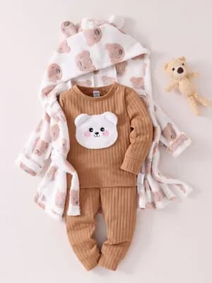 3 Piece Bear Patch Top Robe Gown