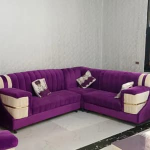 L-Shaped Sofa and Glass Buffet