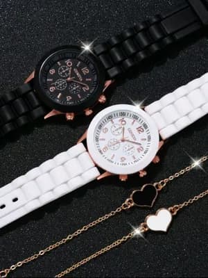 Black White Silicon Couple Watch Set