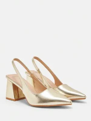 Pointy toe block heel sling back pump