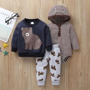 Three-pieces Bear and Stripe Long-sleeve Baby Causal Set
