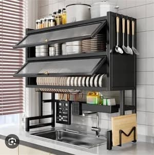 Two-tier stainless steel kitchen shelf with built-in cabinet (above sink)
