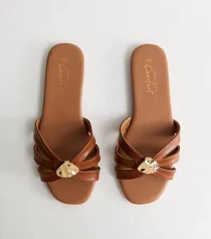 New Look Faux Leather Hammered Hardware Flat Mule Sandals