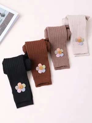 Girls Flower Decor Ribbed Knit Leggings
