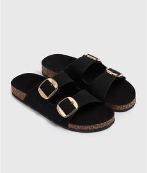 Papaya black double buckle footbed sandals