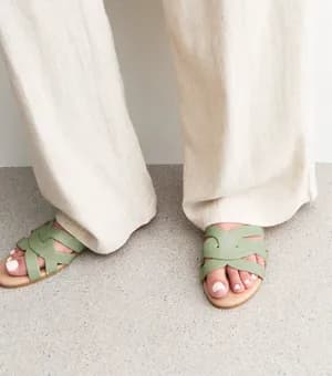 Mint Green Faux Leather Cut Out Interwoven Strap Sandals