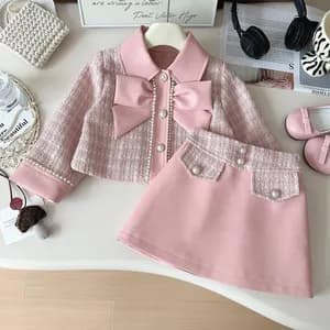 Bow decor girls casual skirt and jacket set