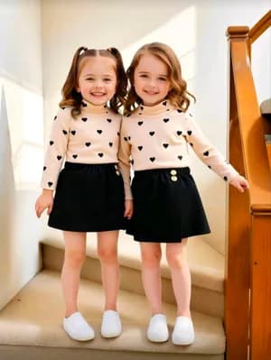 Girls heart pattern collar t-shirt and skirt set