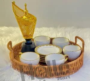 Wicker Service Tray Coffee Cup Set