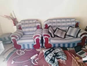 Grey Striped Fabric Sofa Set