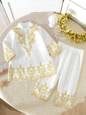 Toddler boys golden print robe shirt pant set