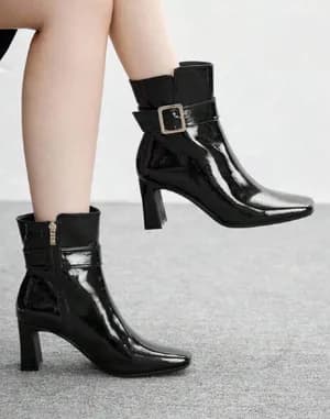 Square toe chunky heel belt decor ankle boots