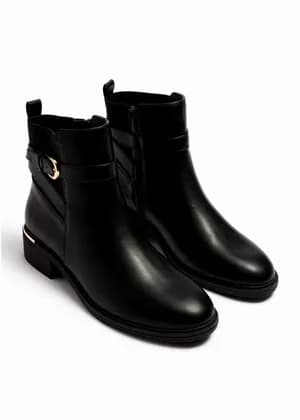 Papaya buckle heeled boots with golden accent