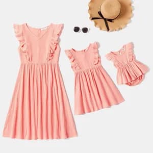 Solid Flutter-sleeve Pink Midi Dress