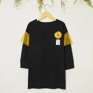 Kid Girl Sunflower Mesh Long-sleeves Dresses