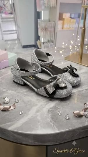 Bow decor princess girls sparkly medium heel sandals