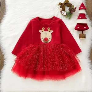 Red Christmas Reindeer Baby Dress