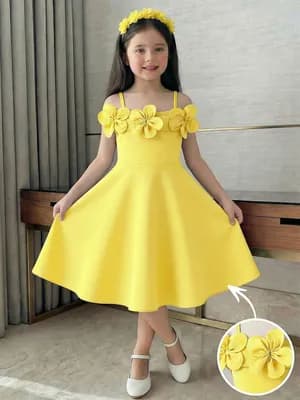 Girls 3d floral appliqués half shoulder dress