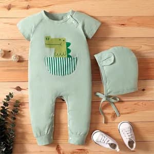 2pcs Dinosaur Squirrel Stripe Print Short-sleeve Baby Set