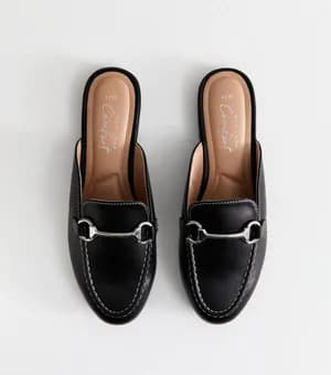 Black Faux Leather Snaffle Detail Backless Loafers