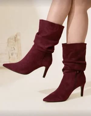 Suede pointed-toe ruched mid-calf boots