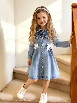 Toddler girls bow decor collar puff sleeve denim dress