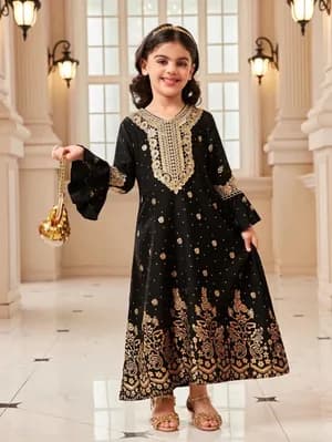 Girls Golden Collar Flare Dress 4-8 Years