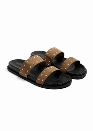 Papaya faux suede stud footbed sandals