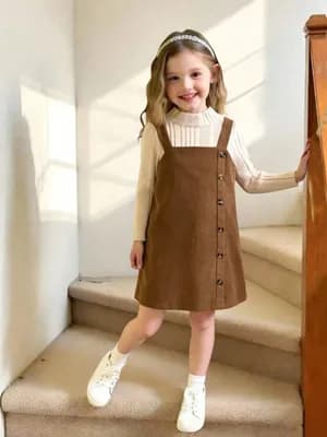 MK-0772 Toddler girls long sleeve top and button design suspender skirt