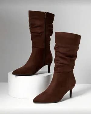 Suede pointed-toe ruched mid-calf boots