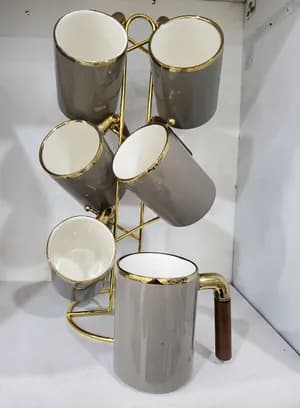 6-Set Ceramic Mugs with Golden Stand