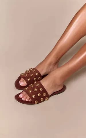 PLT faux suede gold stud mule sandals