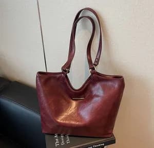 Burgundy Faux Leather Shoulder Tote Bag