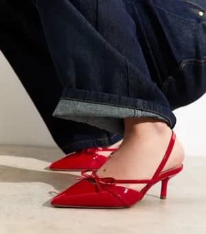 Red Faux Patent Bow Appliqued Slingback Pumps 36