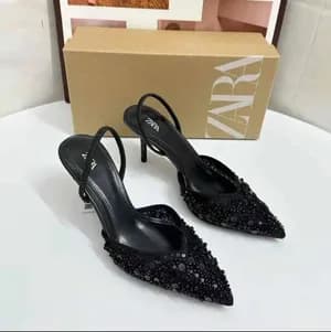 Zara Black Beaded Slingback Heels