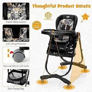 Baby High Chair with Wheels & Safety Harness